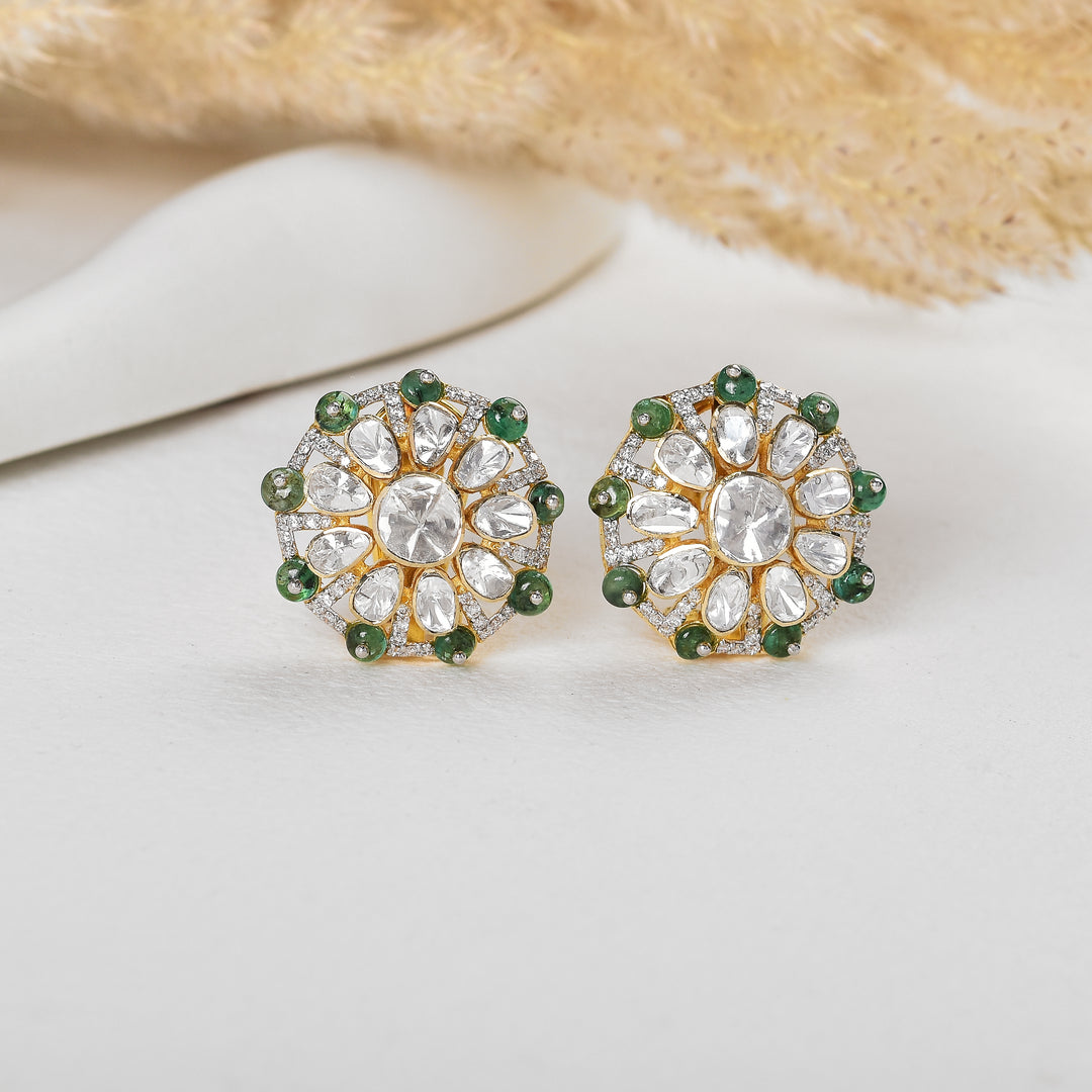 Beautiful Lab Grown Polki Stud Earrings with green beads