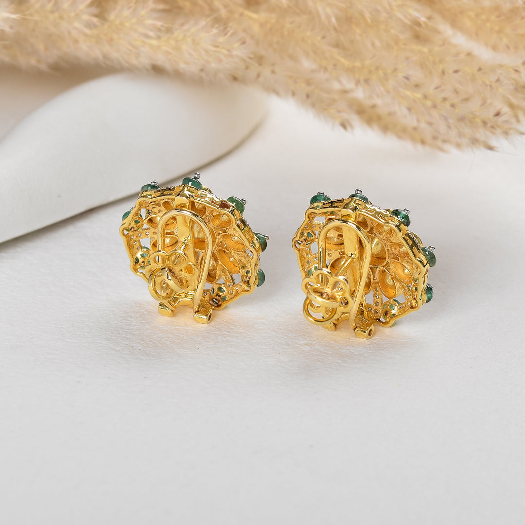 Beautiful Lab Grown Polki Stud Earrings with green beads