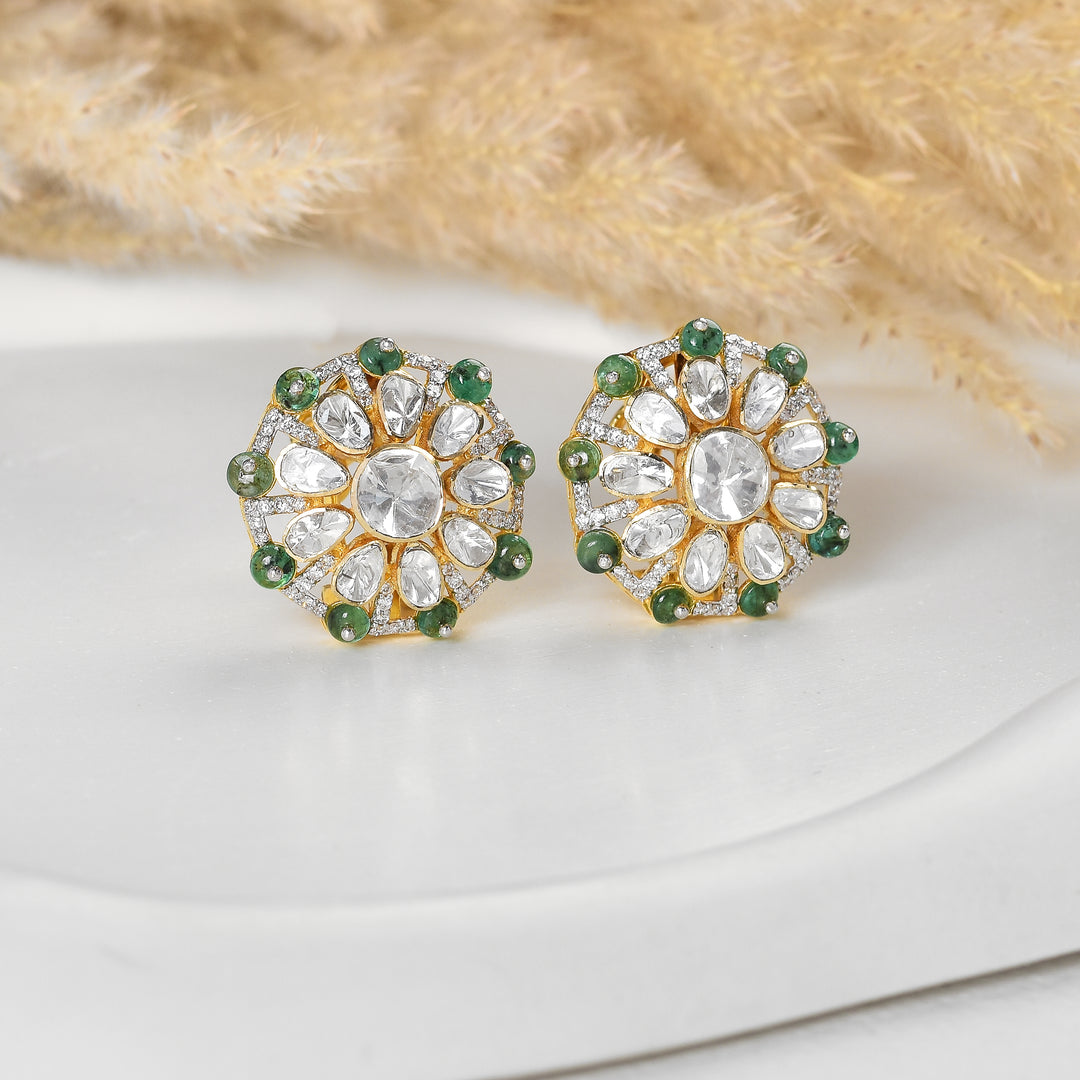 Beautiful Lab Grown Polki Stud Earrings with green beads