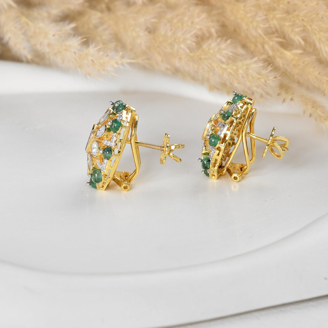 Beautiful Lab Grown Polki Stud Earrings with green beads