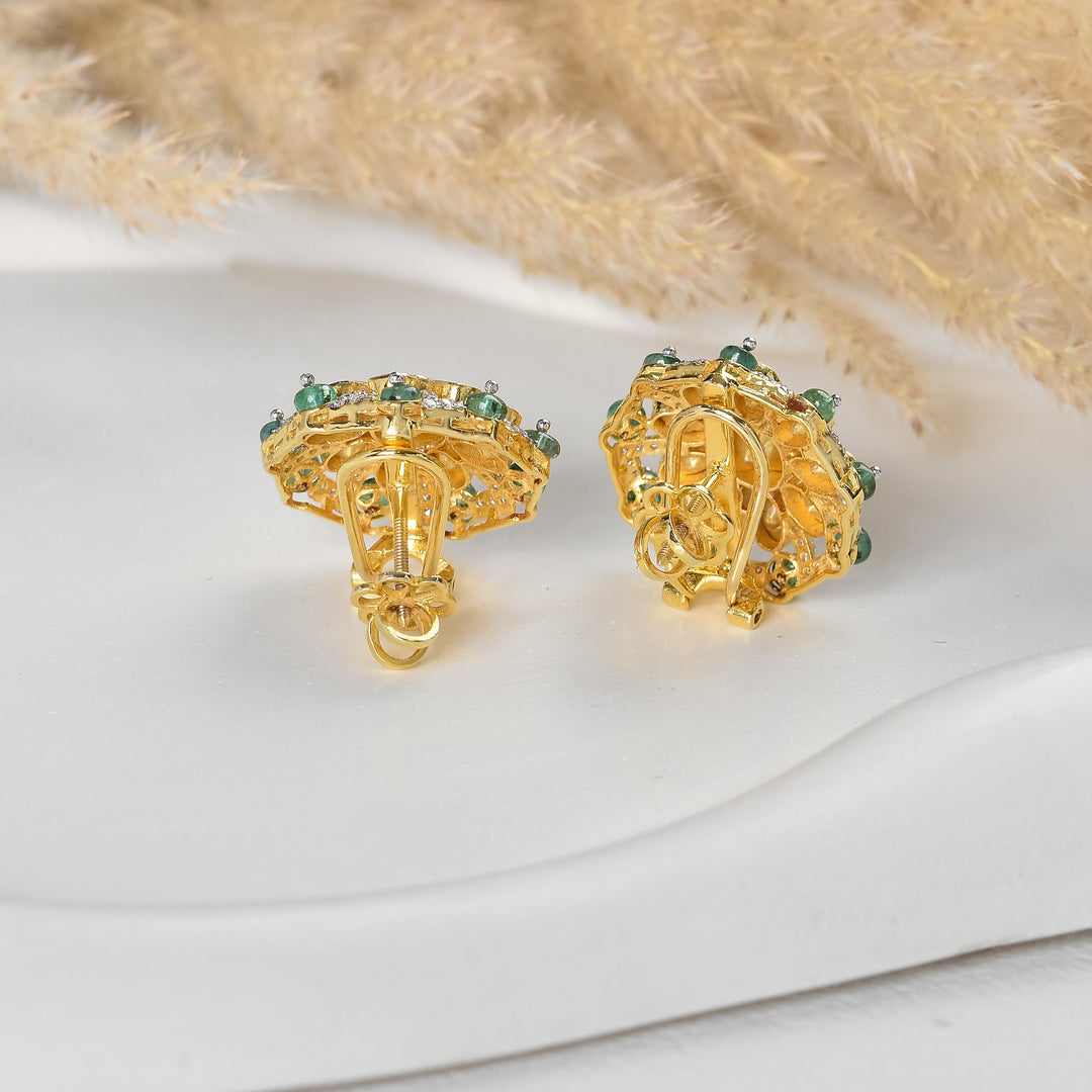 Beautiful Lab Grown Polki Stud Earrings with green beads