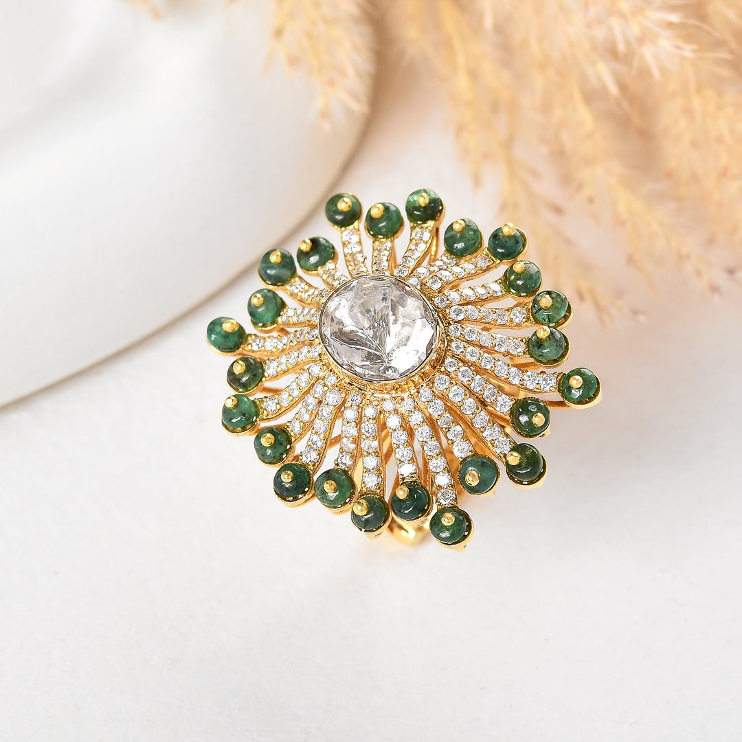 Floral Polki and Lab Diamond Cocktail Ring with Green Beads