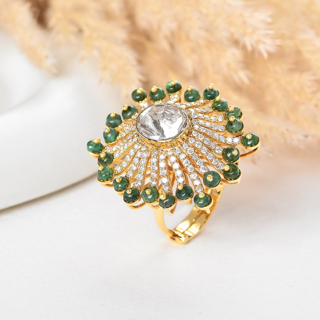 Floral Polki and Lab Diamond Cocktail Ring with Green Beads