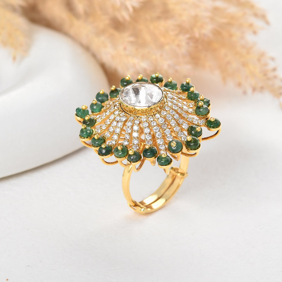 Floral Polki and Lab Diamond Cocktail Ring with Green Beads
