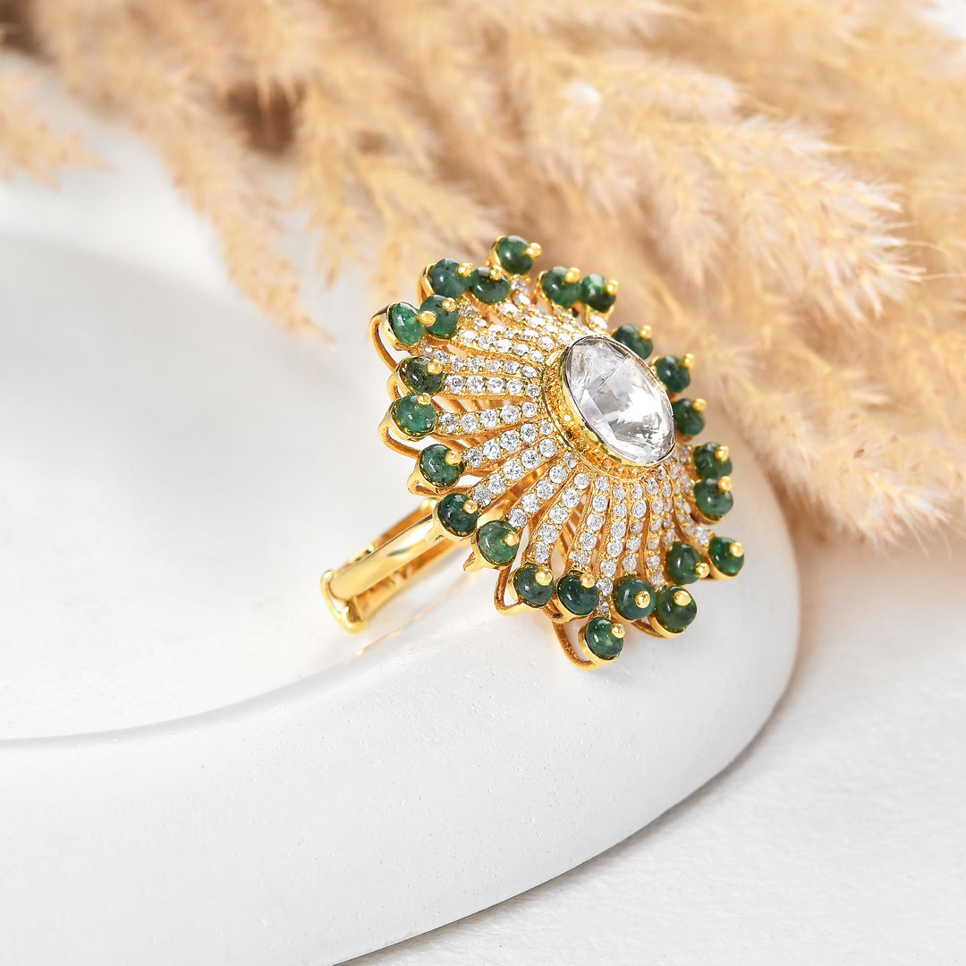Floral Polki and Lab Diamond Cocktail Ring with Green Beads