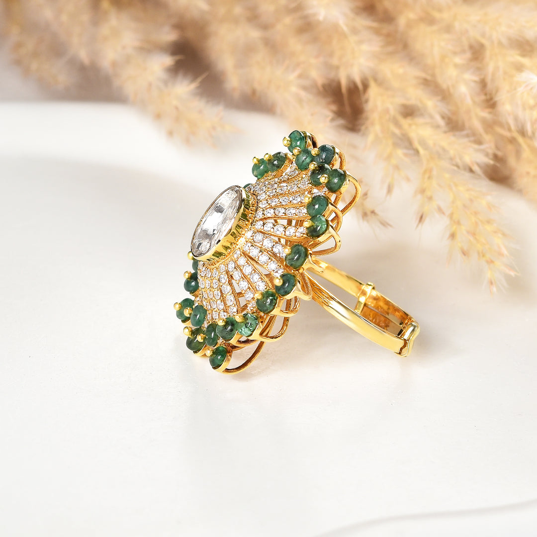 Floral Polki and Lab Diamond Cocktail Ring with Green Beads