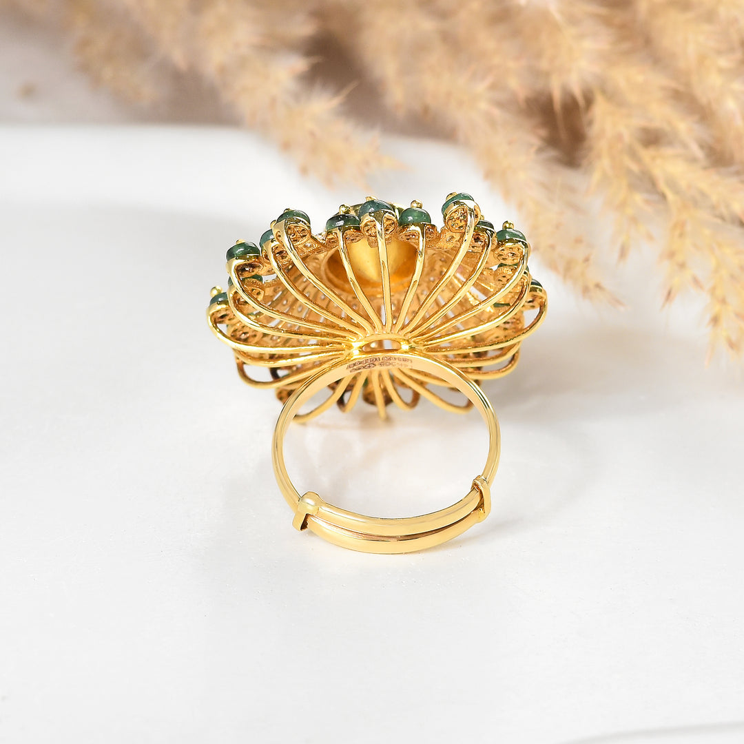 Floral Polki and Lab Diamond Cocktail Ring with Green Beads