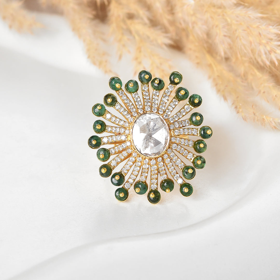 Floral Polki and Lab Diamond Cocktail Ring with Green Beads