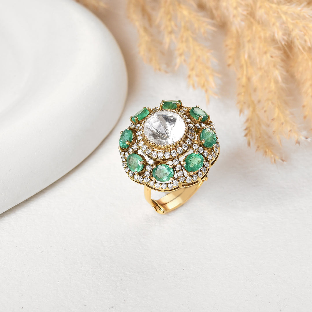 Antique Emerald Majesty Lab Grown Polki Ring