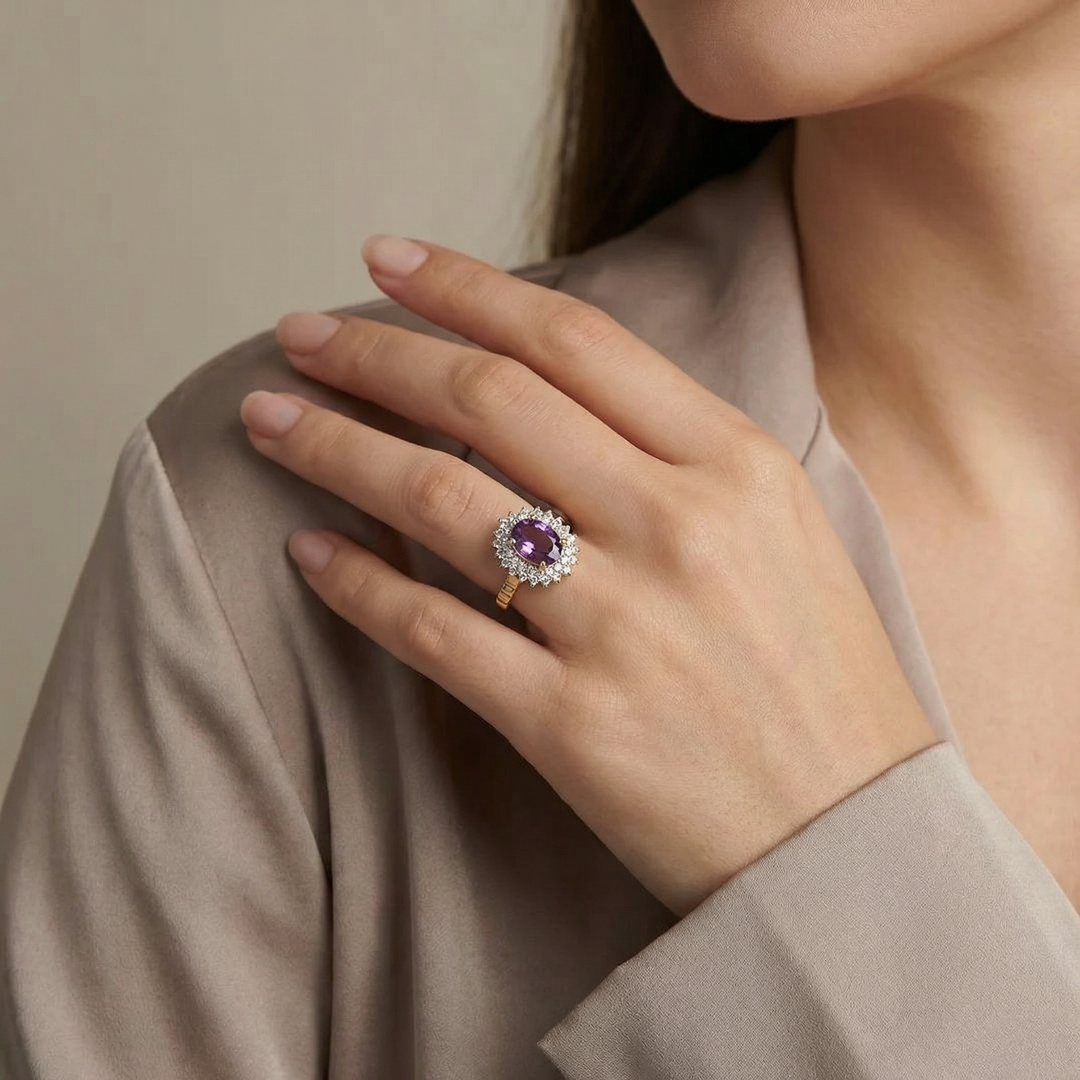 18K Yellow Gold Lab grown diamond with Purple Gemstone Ring