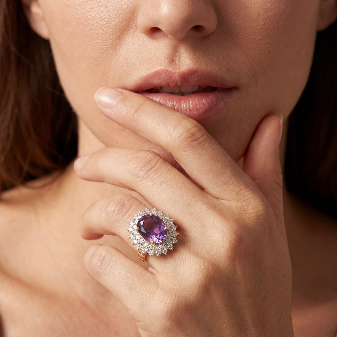 18K Yellow Gold Lab grown diamond with Purple Gemstone Ring