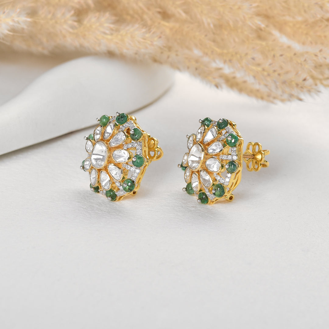 Beautiful Lab Grown Polki Stud Earrings with green beads