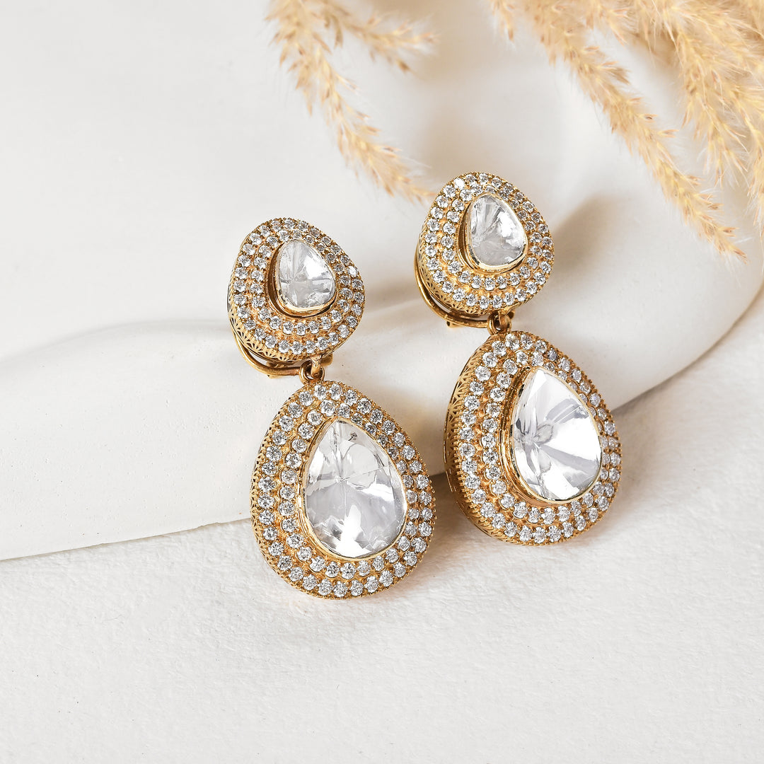 Double Teardrop Lab Grown Polki Detachable Diamond Drop Earrings