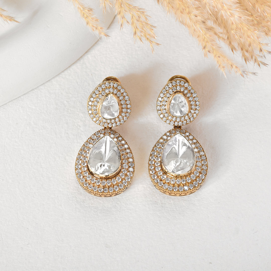 Double Teardrop Lab Grown Polki Detachable Diamond Drop Earrings