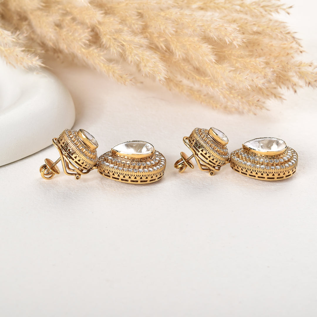 Double Teardrop Lab Grown Polki Detachable Diamond Drop Earrings