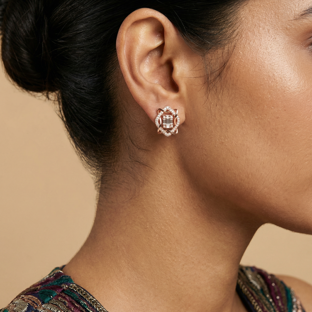 Emerald Cut Diamond Surrounded Stud