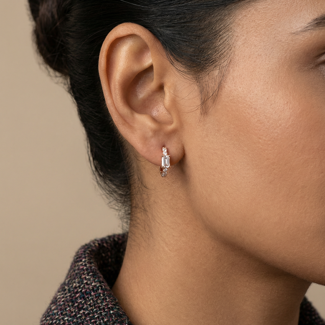 Emerald Cut Solitaire Hoops