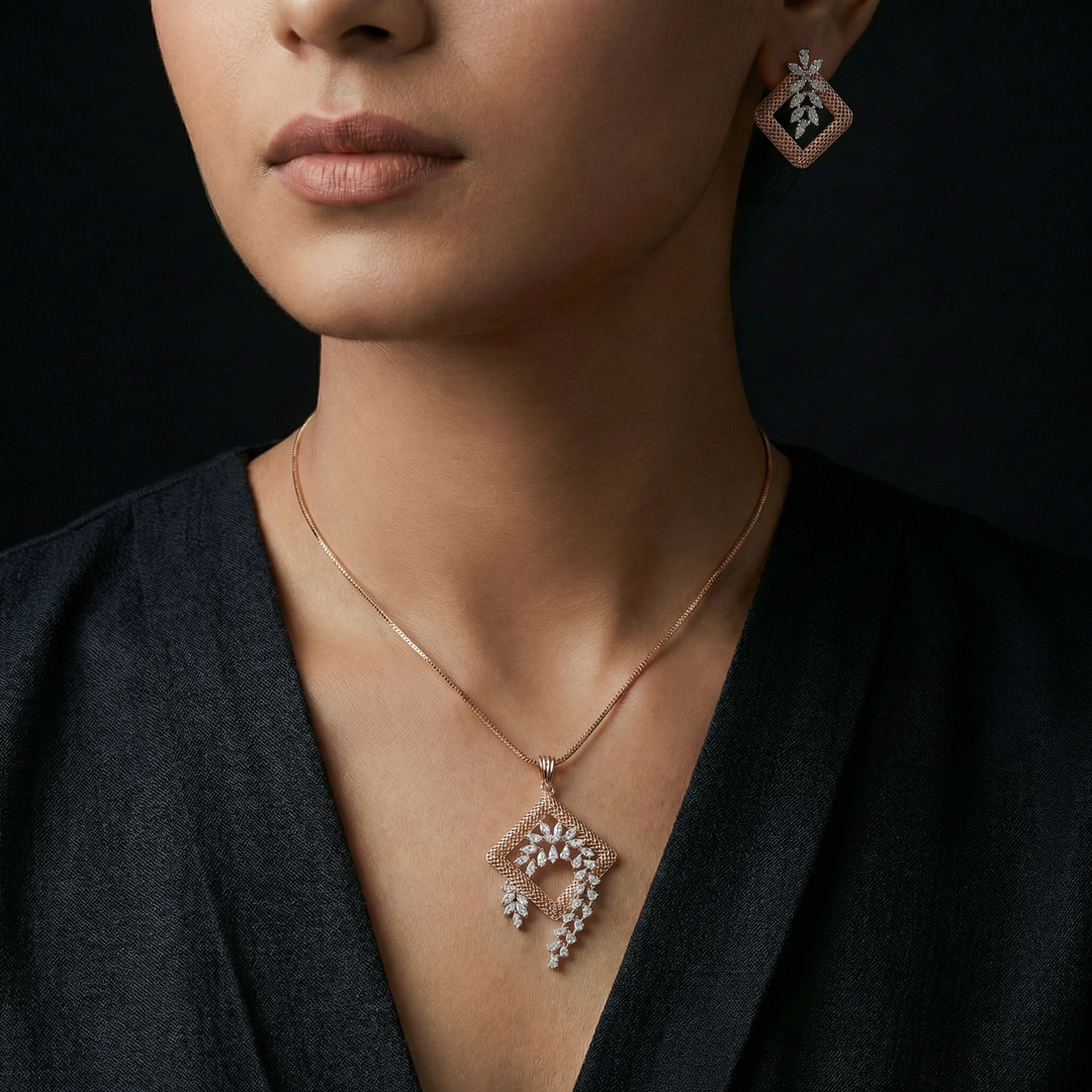 Geometric Shape Pendant And Earring Set (Without Chain)