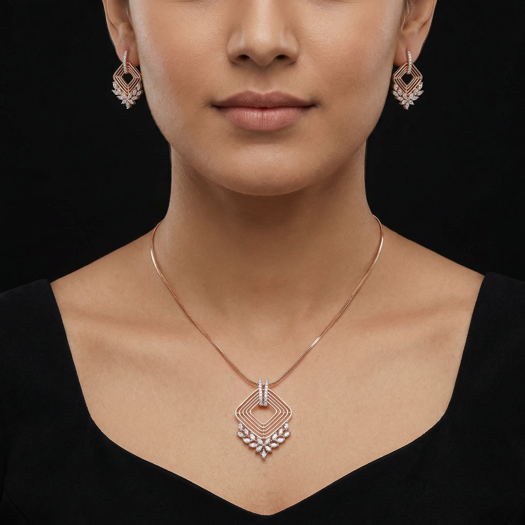 Geometric Square Pendant & Earring Set (Without Chain)