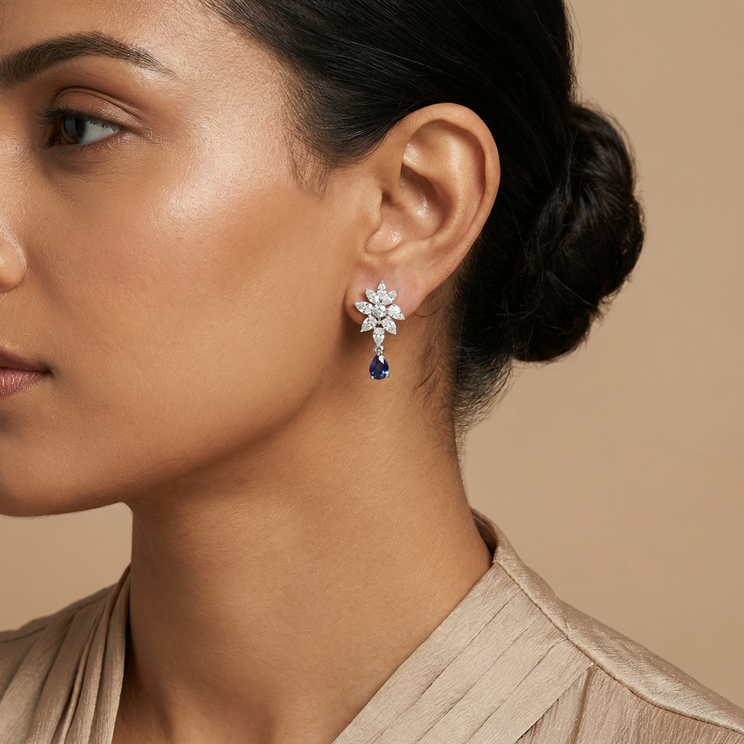 Lab-created Blue sapphire & Diamond Cluster Drop Earrings