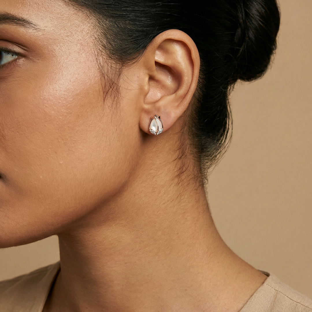 Lotus Bloom Moonstone & Diamond Stud