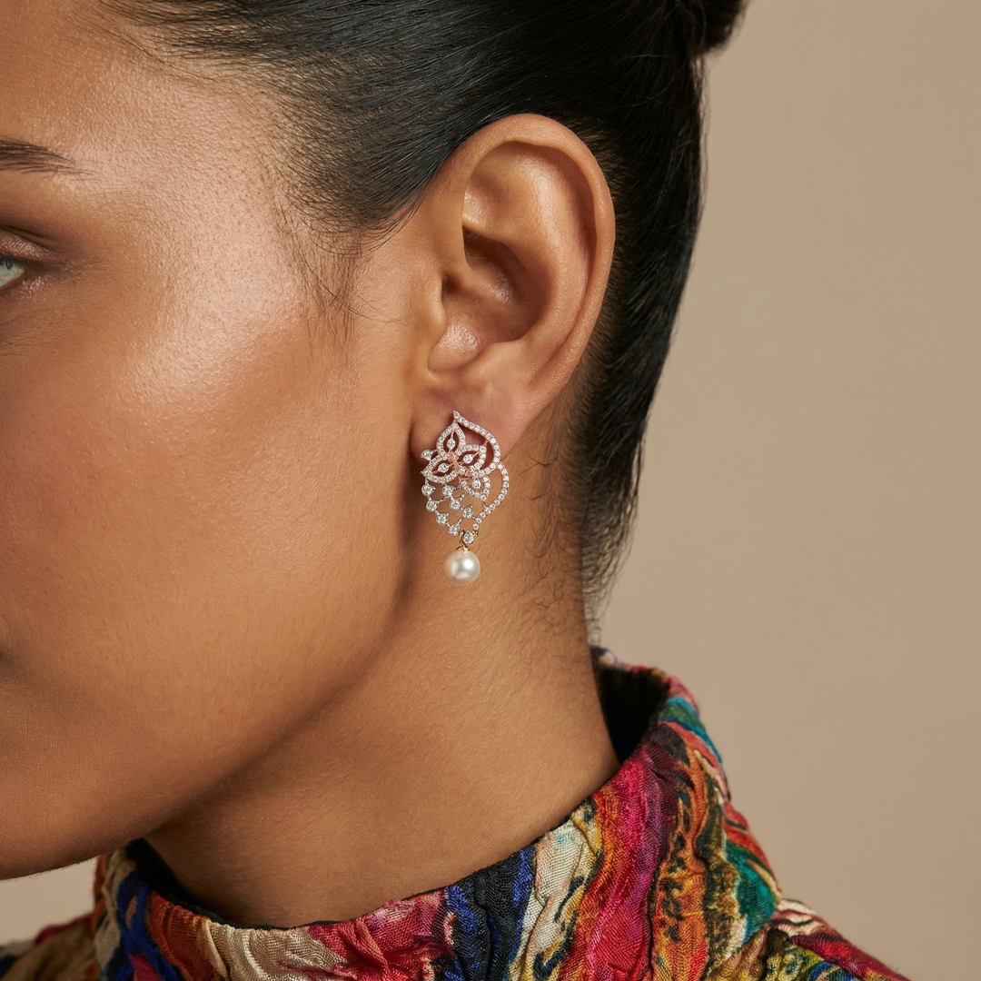 Rose Gold Diamond and Pearl Drop Earrings