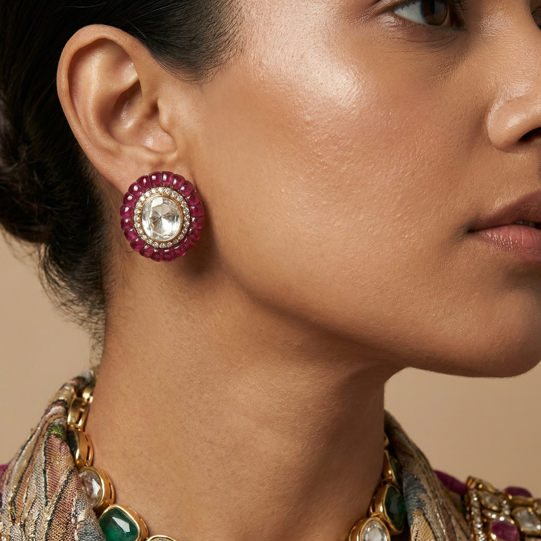 Ruby Halo Lab Grown Polki Diamond Studs